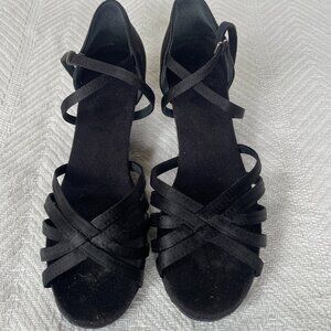 Womens Black Dance Shoes 7.5 heels buckle low heel ballroom open toe